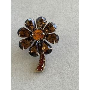 Vtg Flower Brooch 60s Amber Topaz Color Faceted Rhinestones Sunflower With Stem